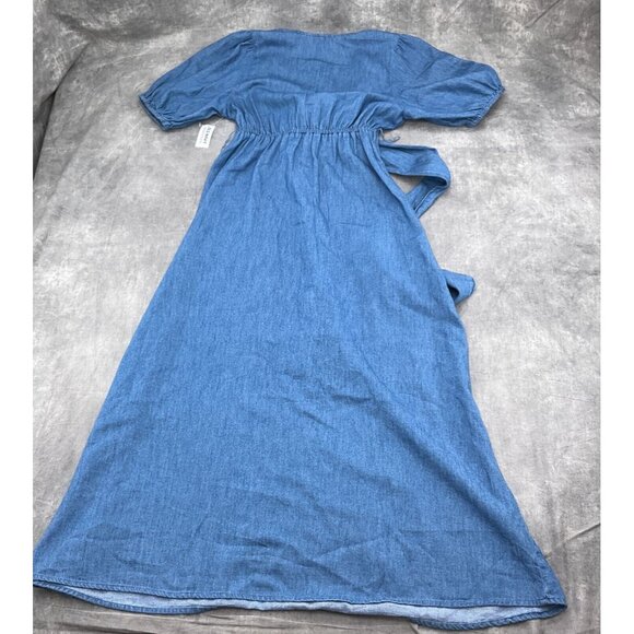 Old Navy Dress Women Small Blue Bow Midi Peasant Boho Chambray‎ Cotton NWT - Picture 13 of 14